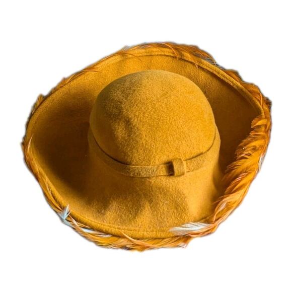 George Zamaul Couture Ladies Orange Felt Hat Feathers Rhinestones Church Formal